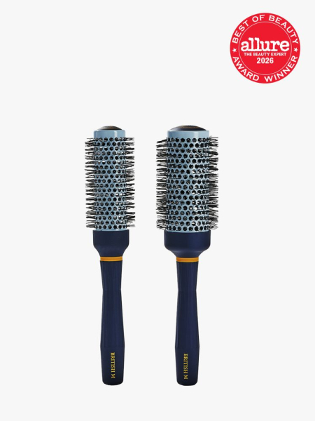 British M Hot Curling Ceramic Brush in two branded components on a light gray background with the 2026 best of beauty seal in the top right corner