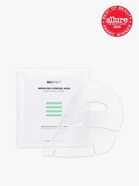A pack of Bioeffect Imprinting Hydrogel Mask with Allure Best of Beauty stamp in the top right corner on a light gray background