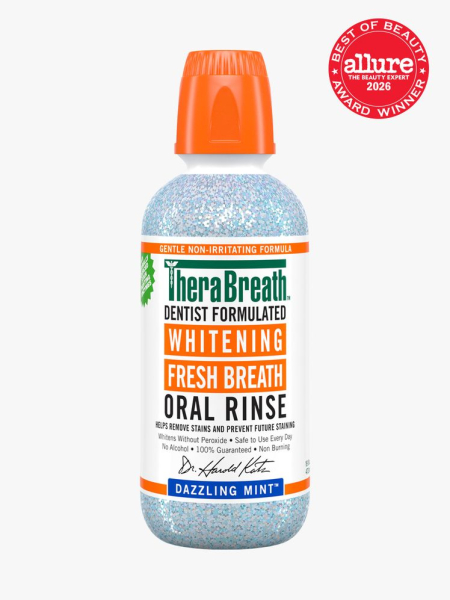 TheraBreath Whitening Fresh Breath Oral Rinse in branded component on a light gray background with the 2026 best of beauty seal in the top right corner