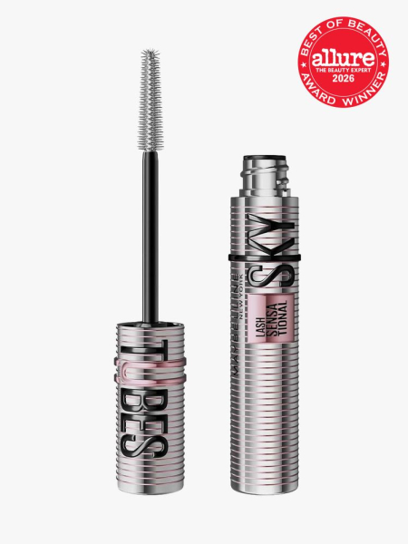 Silver tube of Maybelline New York Lash Sensational Sky Tubes Tubing Mascara with Allure Best of Beauty stamp in the top right corner on a light gray background 