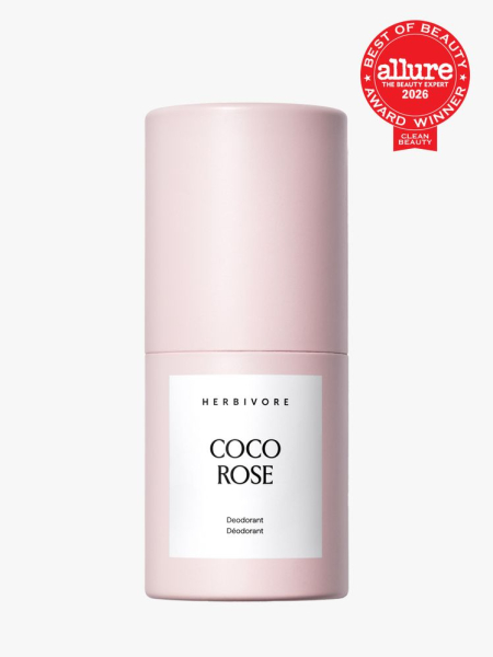 Herbivore Coco Rose Deodorant in branded component on a light gray background with the 2026 best of beauty clean beauty seal in the top right corner