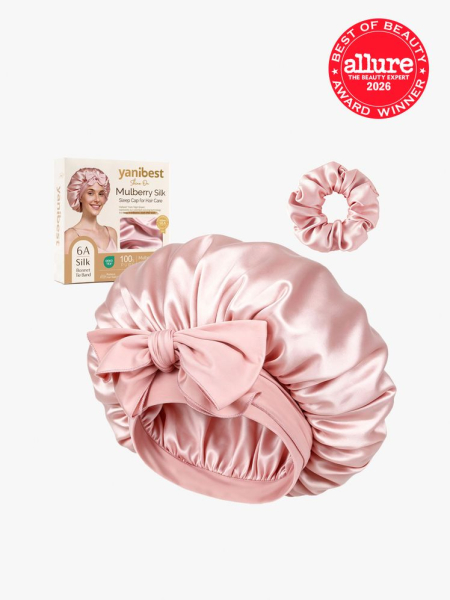 Yanibest 6A Mulberry Silk Bonnet with Tie Band in multiple branded components on a light gray background with the 2026 best of beauty seal in the top right corner