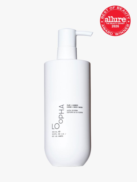 Loopha Oud + Amber Hand & Body Wash in branded component on a light gray background with the 2026 best of beauty seal in the top right corner
