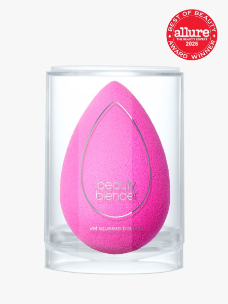 Beautyblender Original Makeup Sponge pink makeup sponge in a clear case on light gray background with red Allure Best of Beauty seal in the top right corner