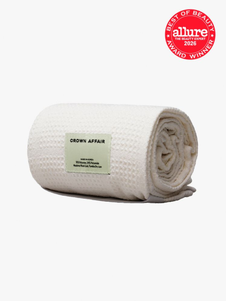 Crown Affair The Hair Towel in branded component on a light gray background with the 2026 best of beauty seal in the top right corner