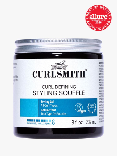 Curlsmith Curl Defining Styling Soufflé in branded tub component on a light gray background with the 2026 best of beauty seal in the top right corner