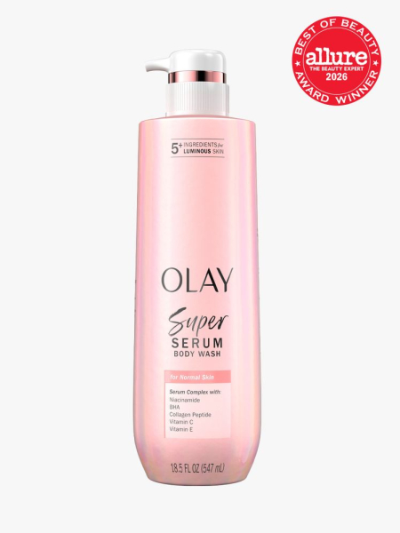 Baby pink pump bottle of Olay Super Serum Body Wash for Normal Skin with an Allure Best of Beauty stamp in the top right corner on a light gray background