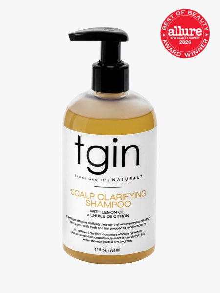Tgin (Thank God It's Natural) Scalp Clarifying Shampoo bottle of yellow shampoo with white label on light gray background with red Allure Best of Beauty seal in the top right corner