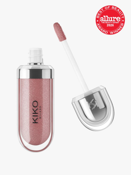 Kiko Milano 3D Hydra Lipgloss with silver cap and an Allure Best of Beauty stamp in the top right corner on a light gray background