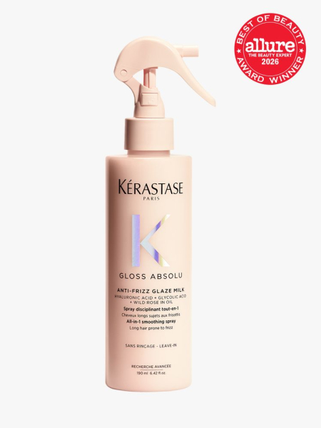 Kerastase Gloss Absolu Anti-Frizz Glaze Milk in branded component on a light gray background with the 2026 best of beauty seal in the top right corner