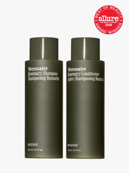 Nécessaire Rosemary Shampoo and Conditioner in branded bottle components on a light gray background with the 2026 best of beauty seal in the top right corner
