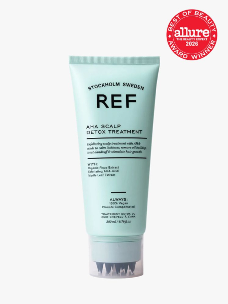 REF AHA Scalp Detox Treatment in branded component on a light gray background with the 2026 best of beauty seal in the top right corner