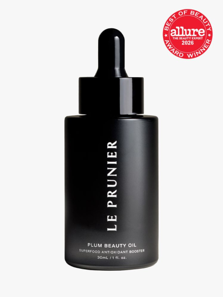 Le Prunier Plum Beauty Oil black serum bottle on light gray background with red Allure Best of Beauty seal in the top right corner