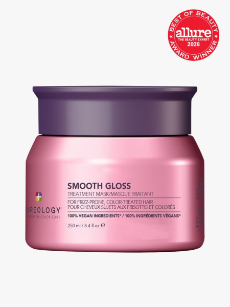 Pureology Smooth Gloss Mask for Frizz Control & Hair Shine pink jar with purple lid on light gray background with red Allure Best of Beauty seal in the top right corner