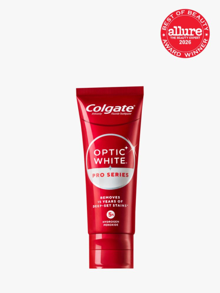 Colgate Optic White Pro Series Toothpaste in branded tube component on a light gray background with the 2026 best of beauty seal in the top right corner