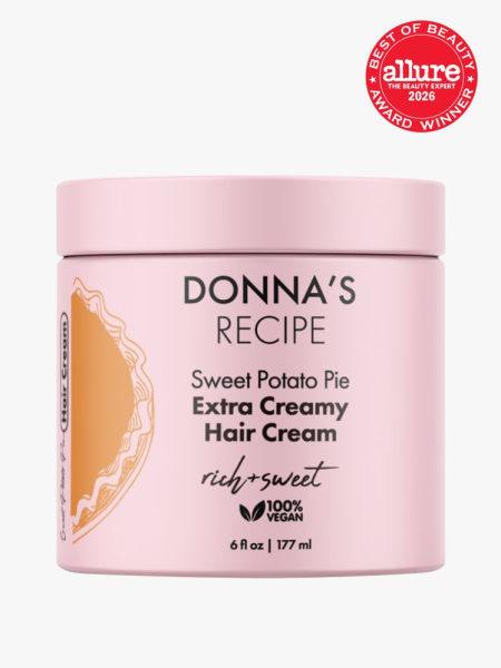 Donna's Recipe Sweet Potato Pie Extra Creamy Hair Cream in branded tub component on a light gray background with the 2026 best of beauty seal in the top right corner